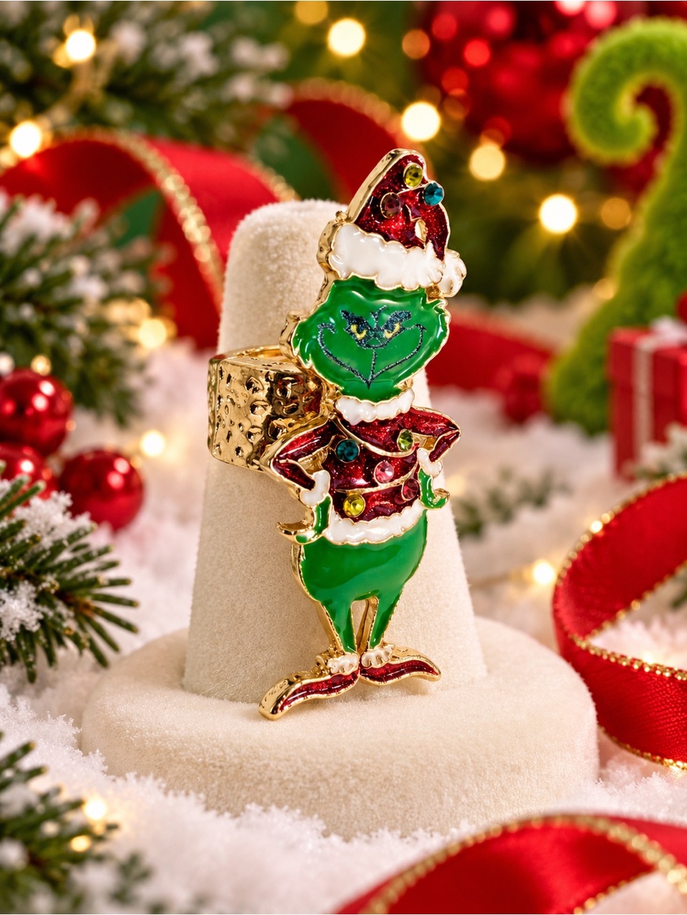 Festive Green Grinch Stretch Ring - Holiday Accessory